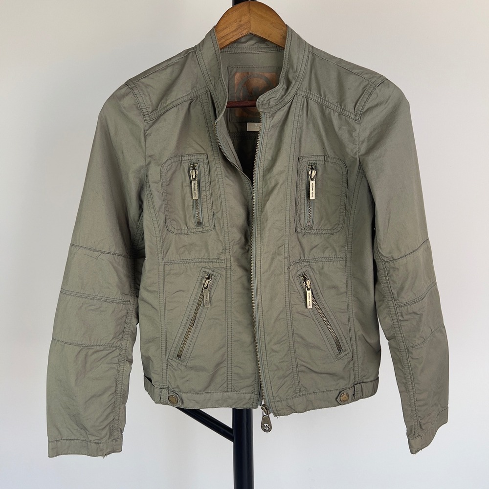 Michael Kors Olive Green Cotton Utility Moto Jacket Womens 4 Full Zip Pockets